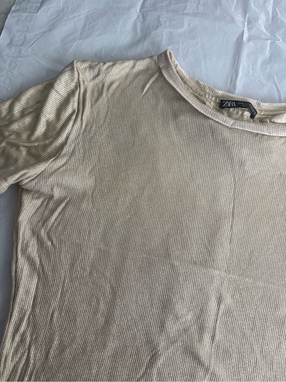 Zara Beige Ribbed Short Sleeve Tee - Picture 3 of 3